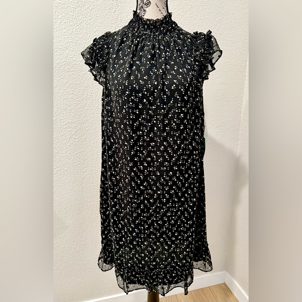 Cece Smocked Mock Neck Black Floral Dress
